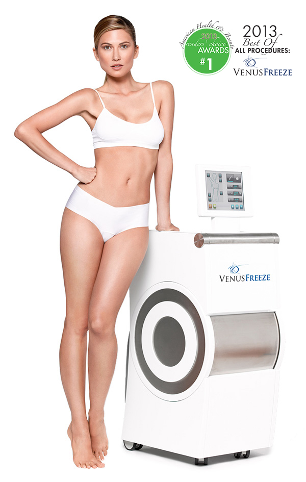A woman in a bra and underwear leaning against a Venuse Freeze machine.
