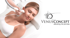 Venus Concept logo with caption "delivering the promise" with woman getting the treatment to look younger forever.